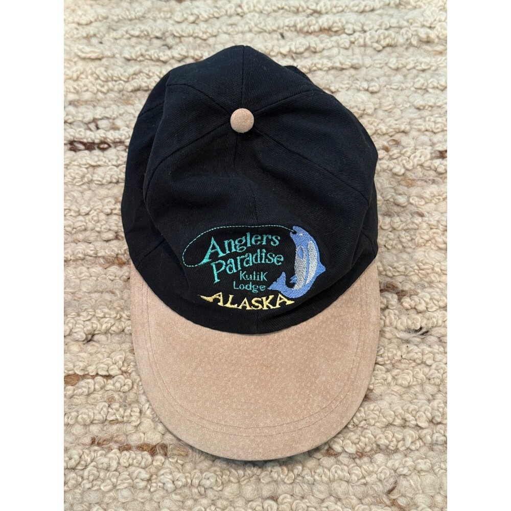 Vintage Angler's Paradise Katlik Lodge Alaska Hat Black Tan Suede Bill Strapback